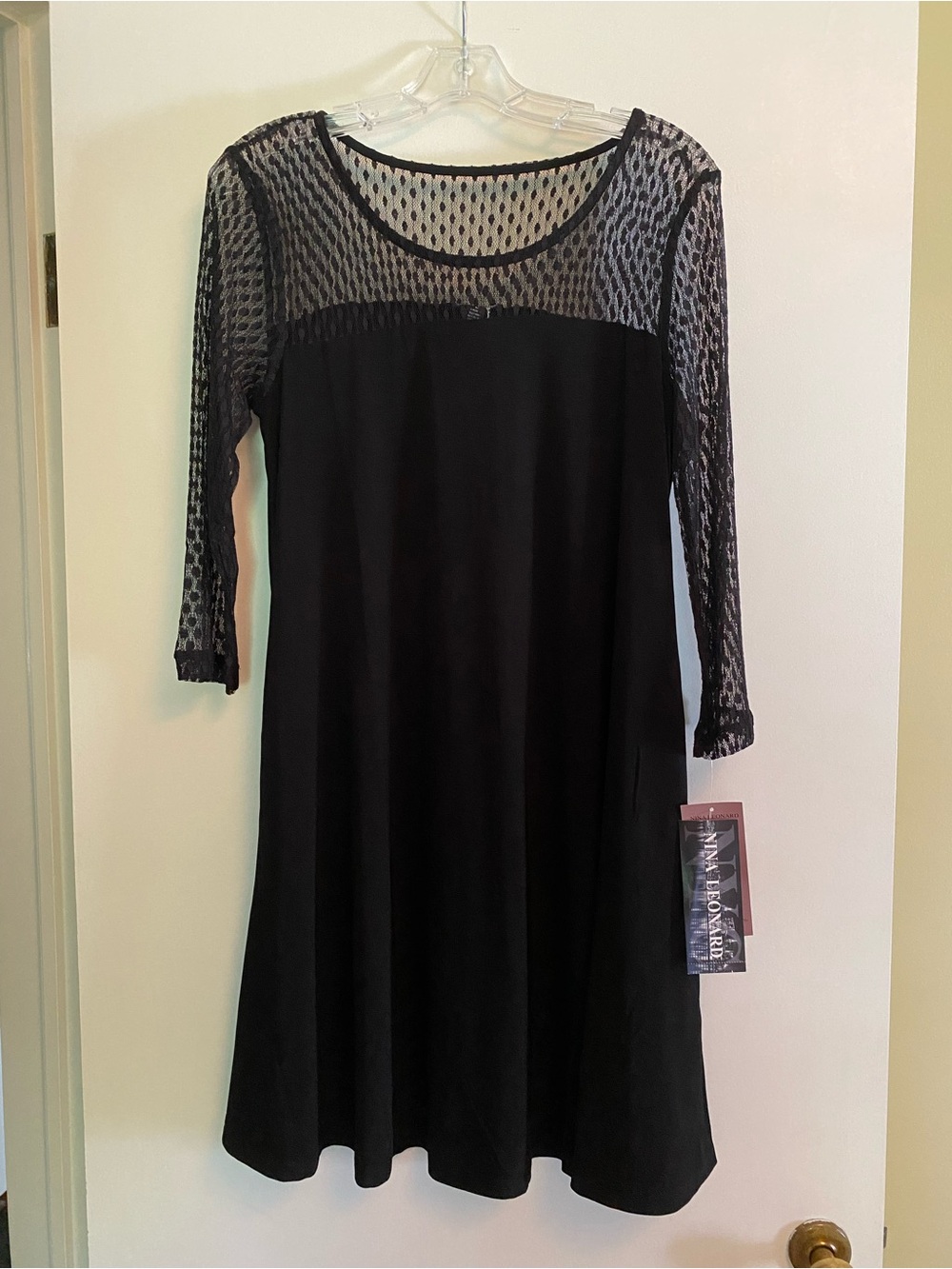 Nina Leonard Black Mesh-Yoke Long Sleeve Dress